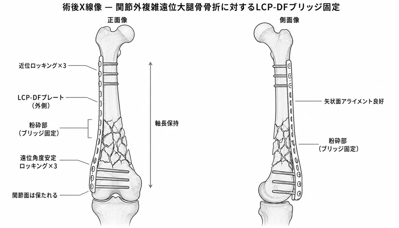 術後X線像（正面/側面）— LCP-DFで粉砕部をブリッジ固定。遠位角度安定スクリュー・近位骨幹部スクリュー