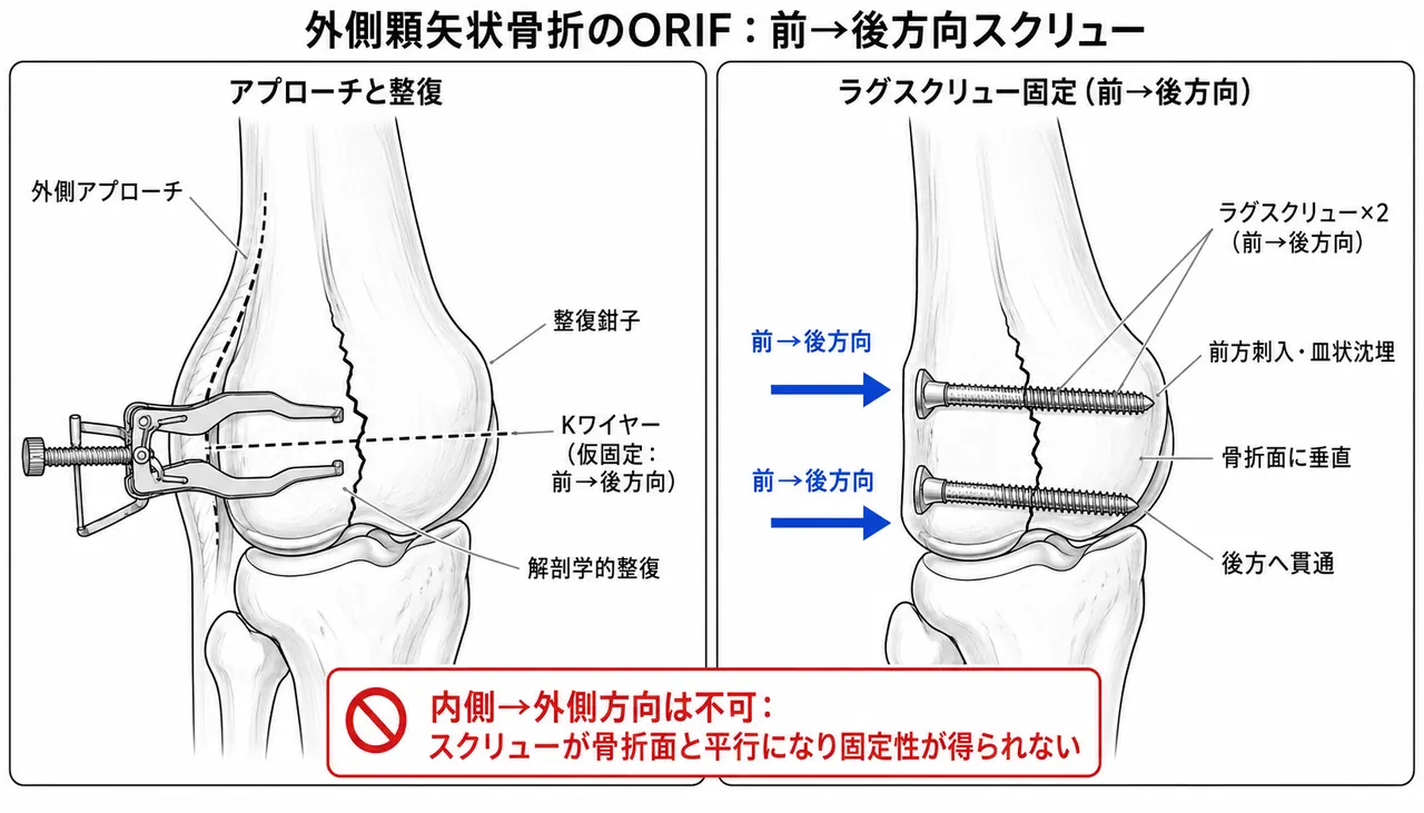 外側顆ORIF手技 — 外側アプローチ・L→M方向（外→内）ラグスクリュー固定・countersunk