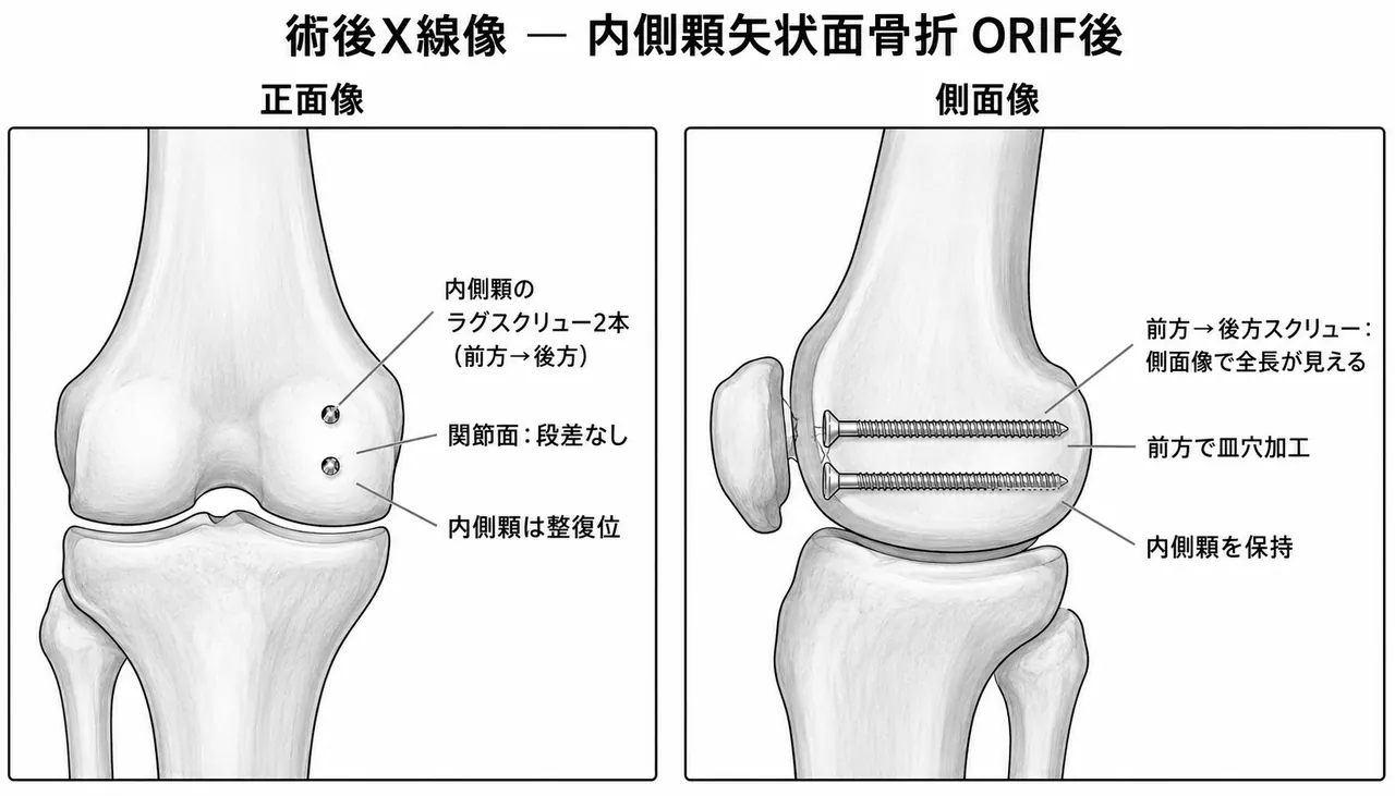 術後X線像（AP/側面）— 内側顆にM→L方向ラグスクリュー2本（countersunk）。関節面整復位