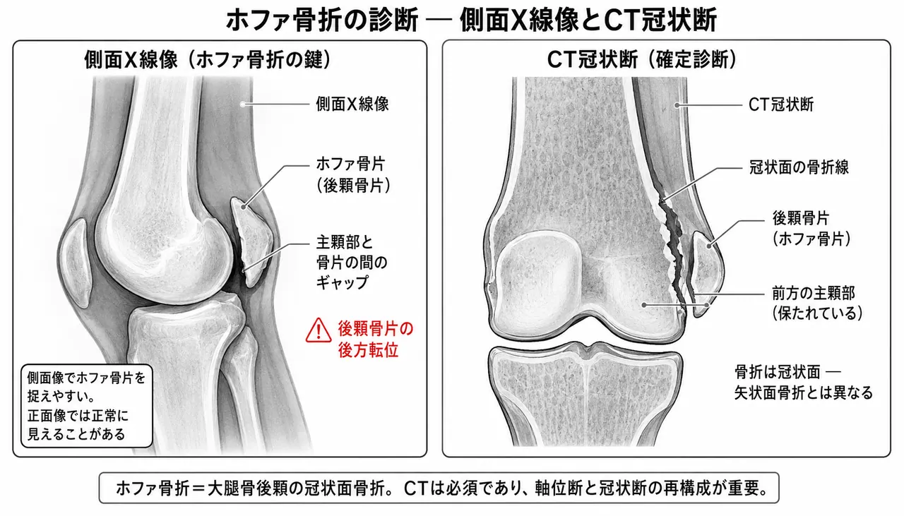 X線側面像（後顆骨片が後方転位）＋CT冠状断面（後顆が冠状面で剥離）— Hoffa骨折の診断