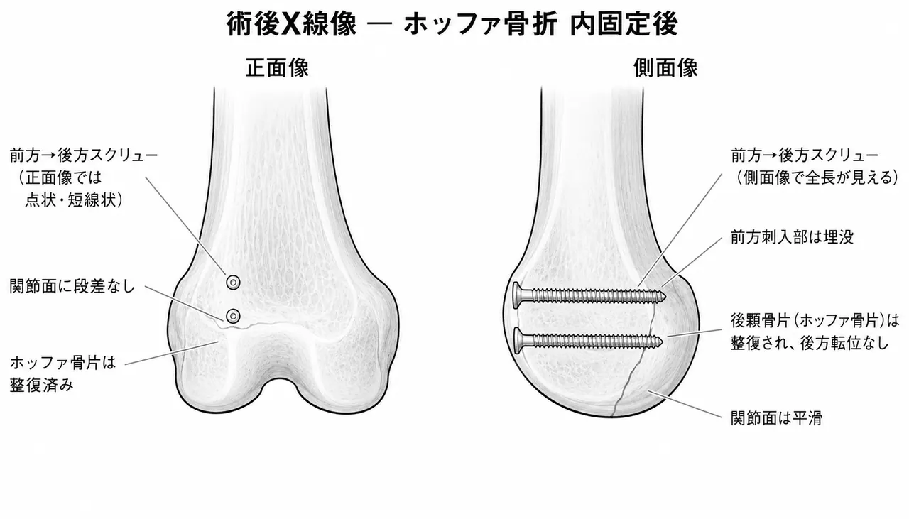 術後X線像（AP/側面）— 大腿骨後顆にA→P方向ラグスクリュー2本（countersunk）。骨片整復位