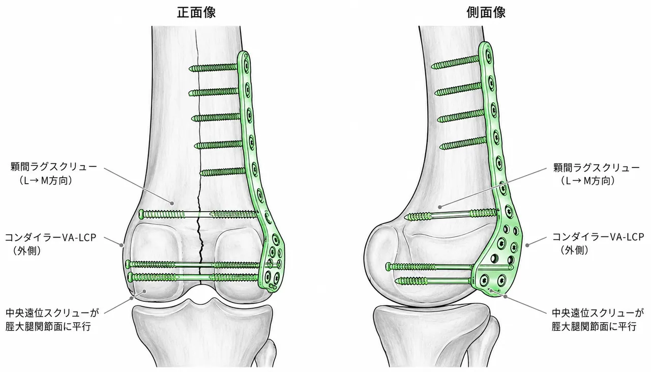 外側アプローチ・顆間ラグスクリュー＋condylar VA-LCP固定の術中透視像（正面・側面）