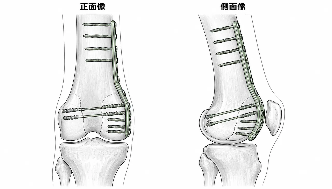 術後X線正面像・側面像 — 顆間ラグスクリュー＋外側VA-LCP（またはラグスクリュー＋逆行性釘）。関節面整復・軸回復を確認