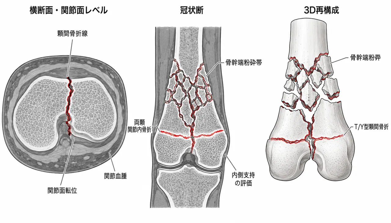 CT横断面・冠状断・3D再構成 — 顆間骨折の転位量・骨幹端粉砕範囲・関節面評価
