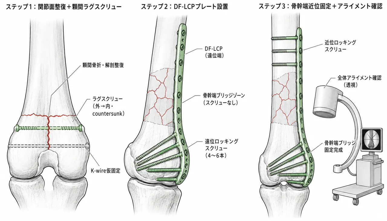 外側アプローチ＋遠位大腿骨ロッキングプレート（DF-LCP）設置 — 関節面直視整復後に骨幹端ブリッジ固定