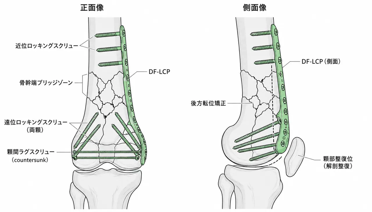 術後X線像（AP/側面）— DF-LCPで関節面整復固定・骨幹端ブリッジ固定。遠位ロッキングスクリュー関節面下に位置