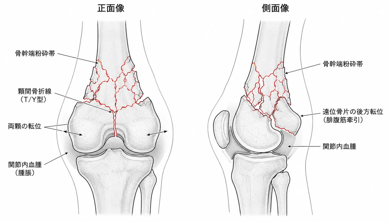 X線AP＋側面像（33-C2骨折像）— 両顆を含む完全関節内骨折と骨幹端粉砕の確認