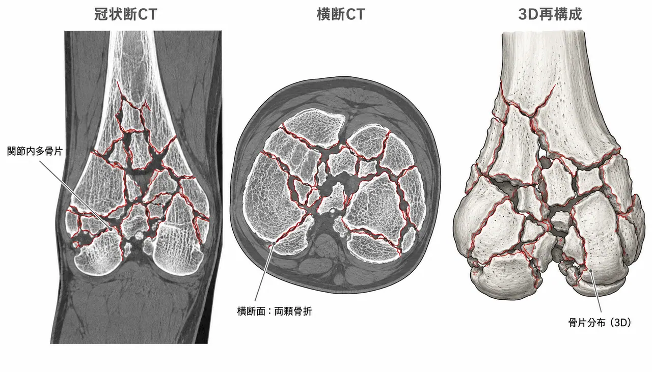 CT横断・冠状・矢状断 + 3D再構成 — 顆部骨片数・骨折面方向・骨幹端粉砕範囲の評価に必須