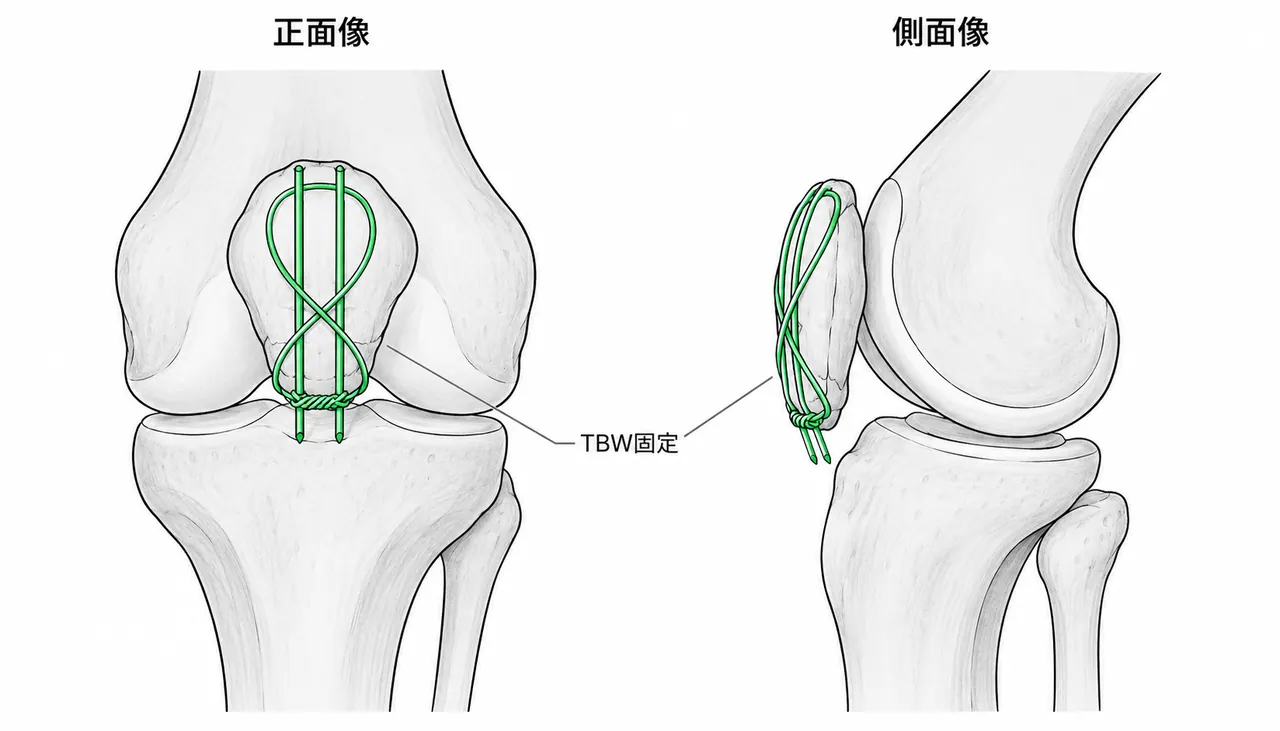 術後X線像（正面/側面）— 下極骨極に張力帯法（K-wire 2本 + 8字Cerclageワイヤー）整復位良好