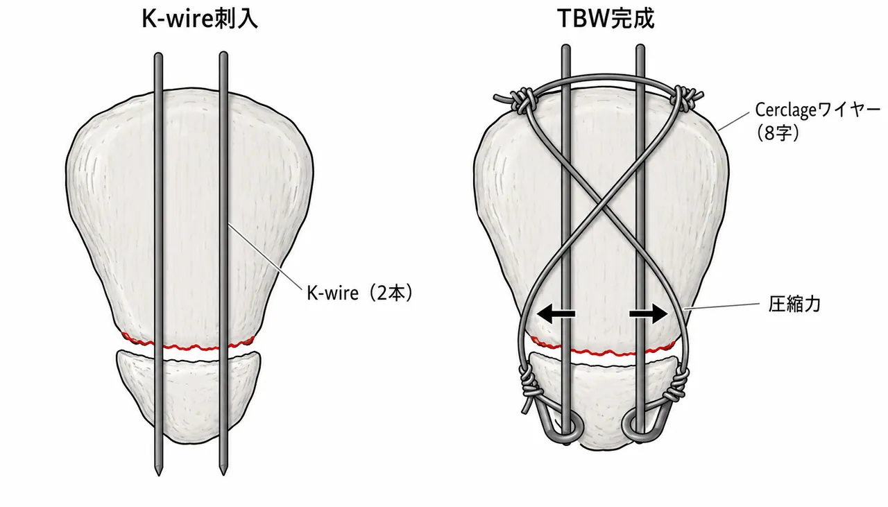 TBW手技 — K-wire刺入・Cerclageワイヤー張力帯形成・8字結線