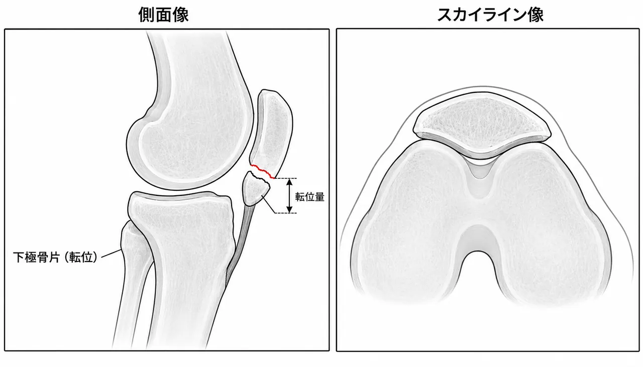 X線側面像（下極骨極剥離・転位量計測）＋スカイライン像（関節面整復確認）