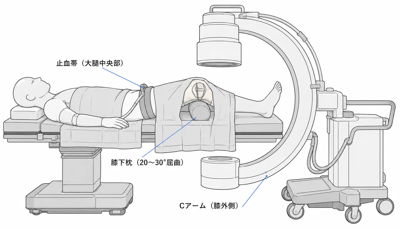 手術体位 — 仰臥位・止血帯・Cアームセットアップ（膝蓋骨横骨折TBW）