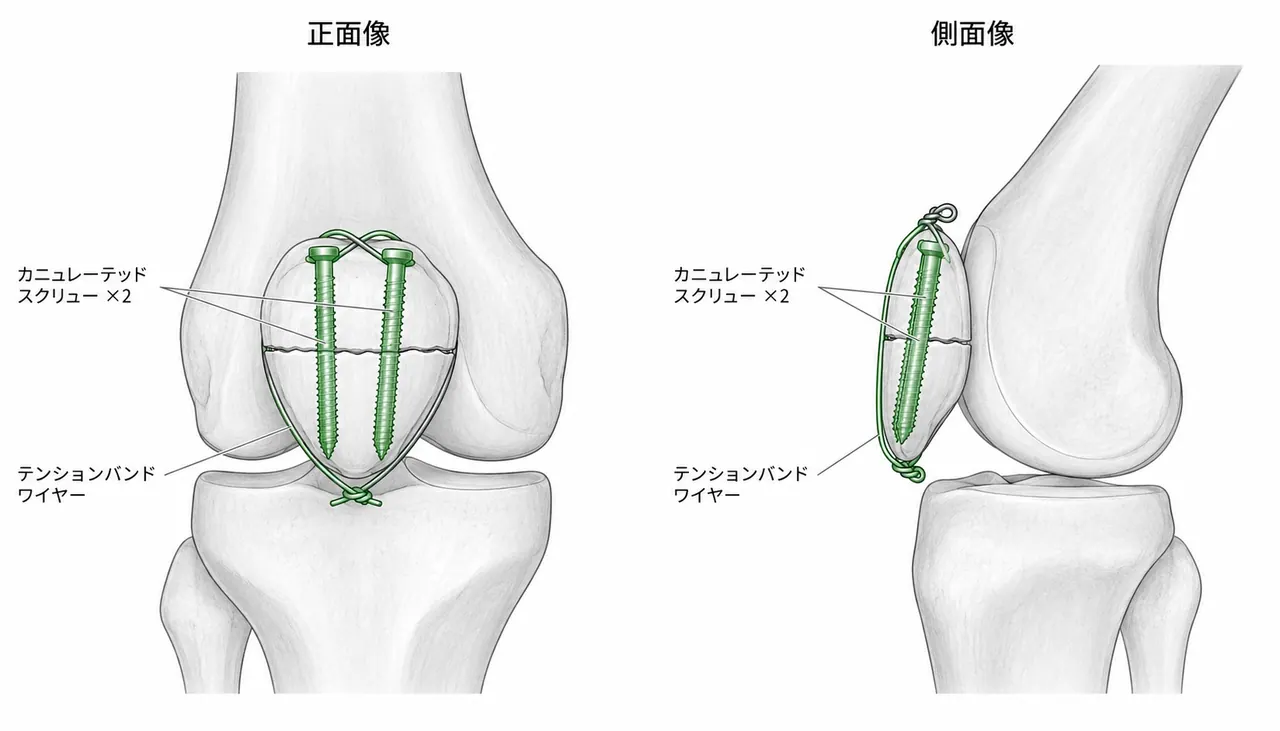 Cannulated Screw + Tension Band 術中透視像（AP/側面）— スクリュー位置・圧迫確認