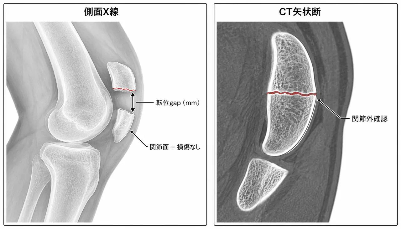 術前X線側面像（転位量測定・関節面評価）および CT矢状断（34-A2の関節外確認）