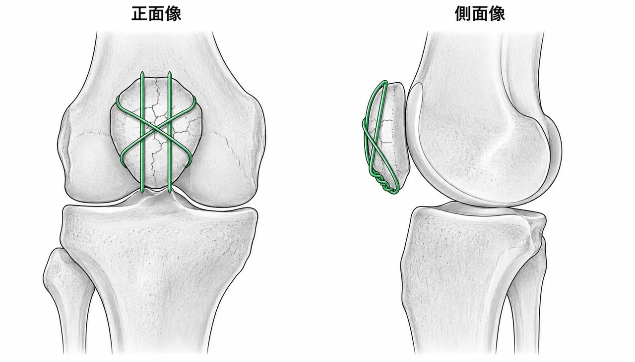 術後X線 — 正面・側面像（K-wire2本＋テンションバンドワイヤー固定後、整復位の確認）
