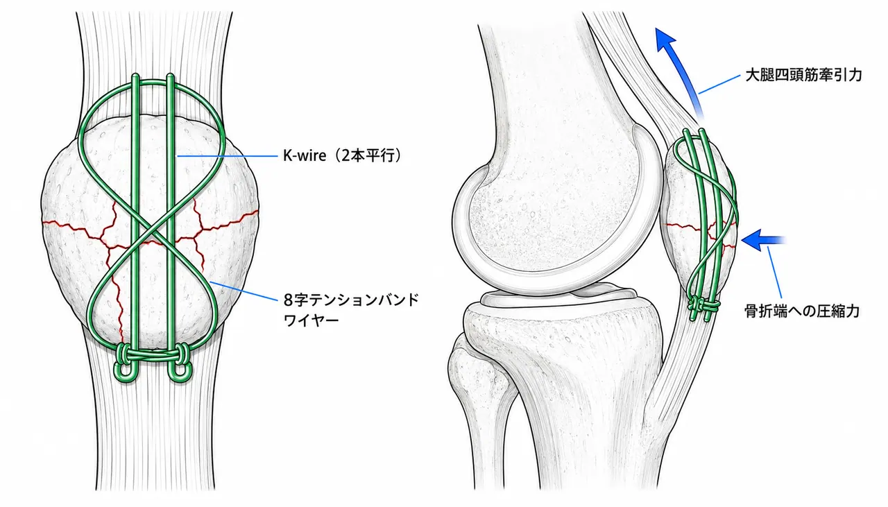テンションバンドワイヤー法の手技図 — K-wire2本＋ワイヤー（8字締結）の配置