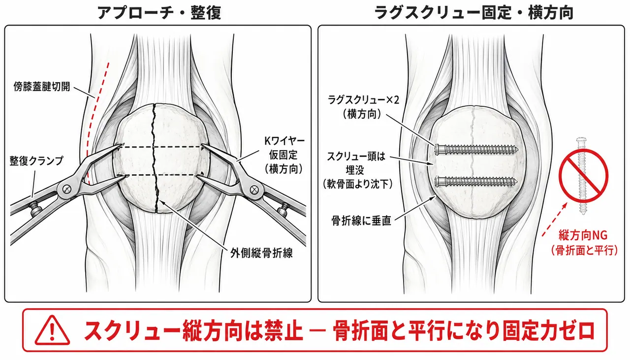 膝蓋骨縦骨折ORIF手技 — 傍正中アプローチ・骨折整復・ラグスクリュー固定（countersunk）