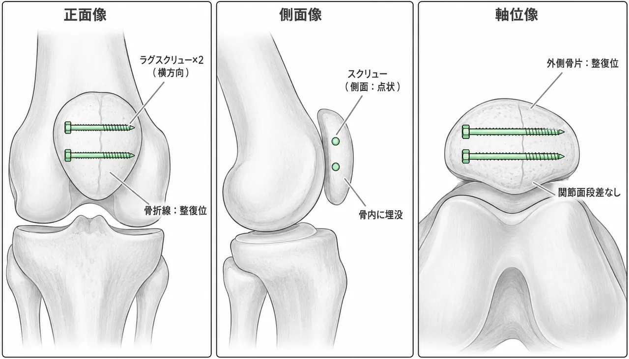 術後X線像（正面/側面/軸位）— ラグスクリュー2本による縦骨折固定後。関節面整復位確認