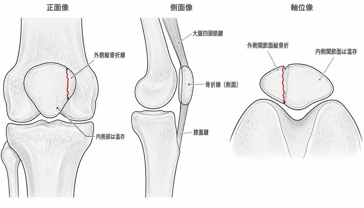 X線正面像・側面像・軸位像（Merchant）— 外側縦骨折線・骨片の転位量評価