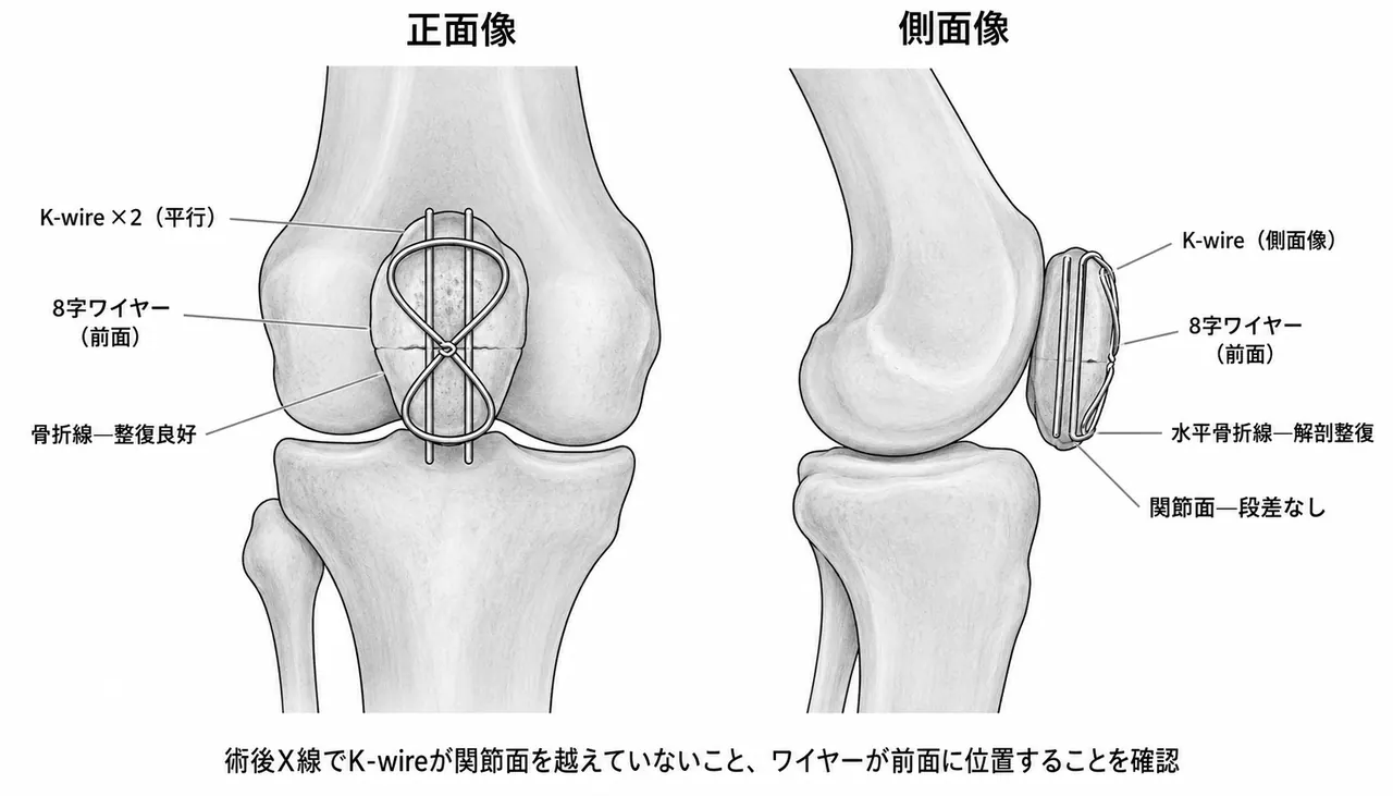 術後X線 — 引っ張りバンドワイヤー法施行後（正面像・側面像）。膝蓋骨前面にK-wire×2＋8字ワイヤー。関節面整復良好
