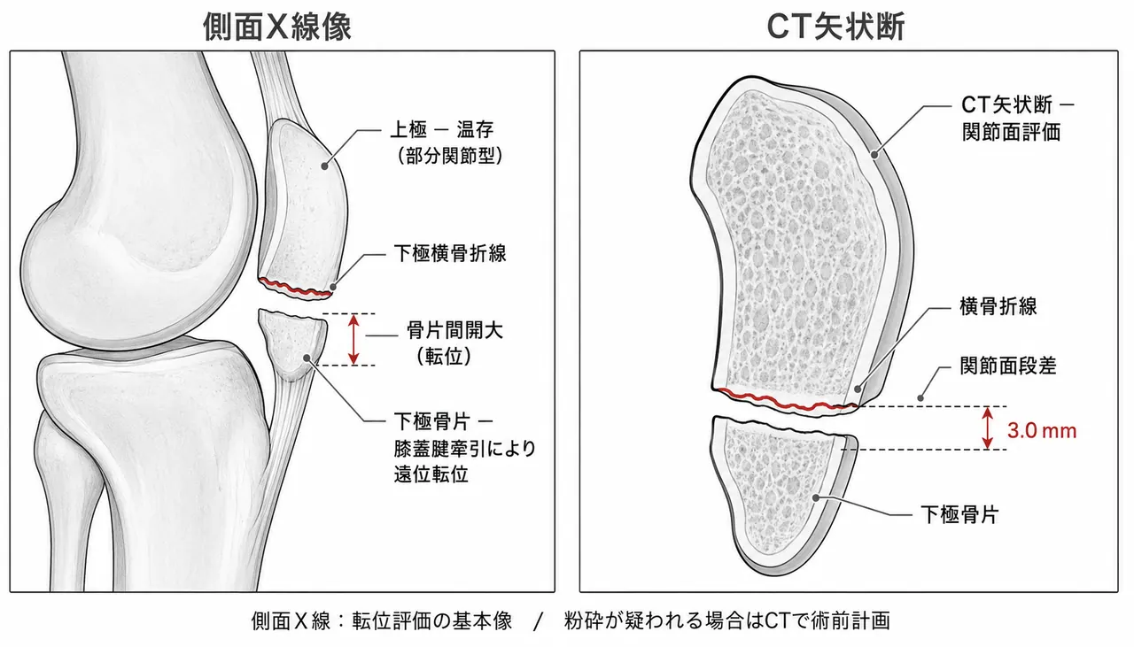 X線側面像（膝蓋骨水平縁骨折・上極または下極・転位）＋CT矢状断（骨折線・転位量・関節面評価）