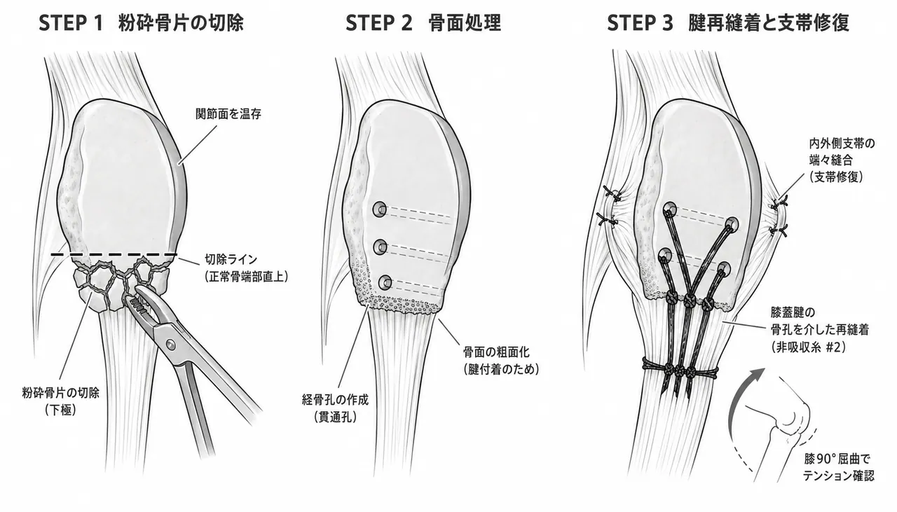 部分切除術（Partial Patellectomy）手技 — 下極粉砕切除・膝蓋腱再付着・支帯修復