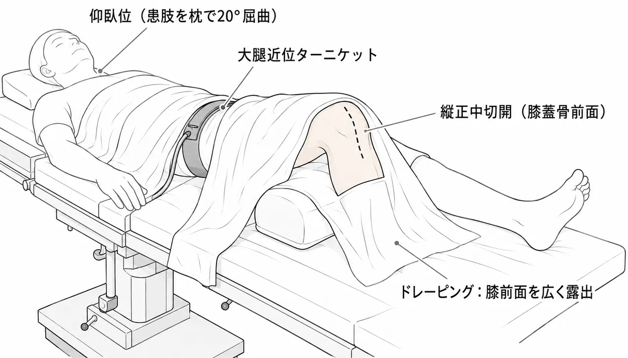 体位と膝前面アプローチ — 仰臥位・膝20°屈曲・正中縦切開
