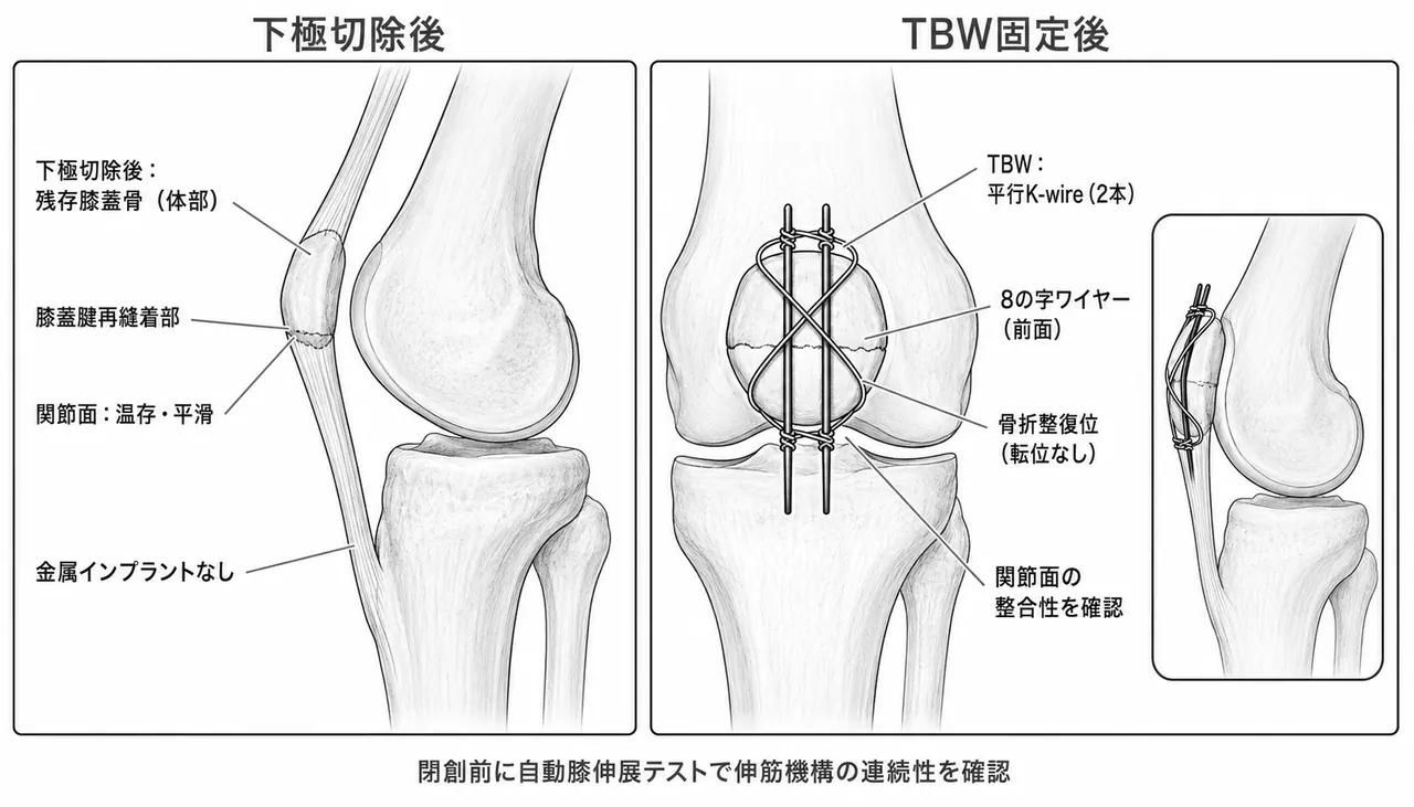 術後X線（正面・側面）— 部分切除後の残存膝蓋骨 または TBW後の整復位