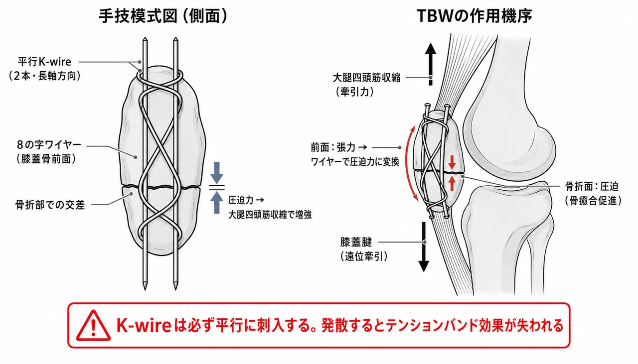 ORIF tension band wiring（TBW）— K-wire平行刺入・8の字ワイヤー・膝蓋骨前面の模式図