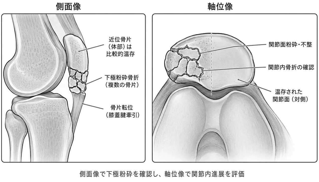 X線側面像（膝蓋骨骨折・転位した骨片）＋軸位像（Skyline view・関節面粉砕）— 部分関節内粉砕型