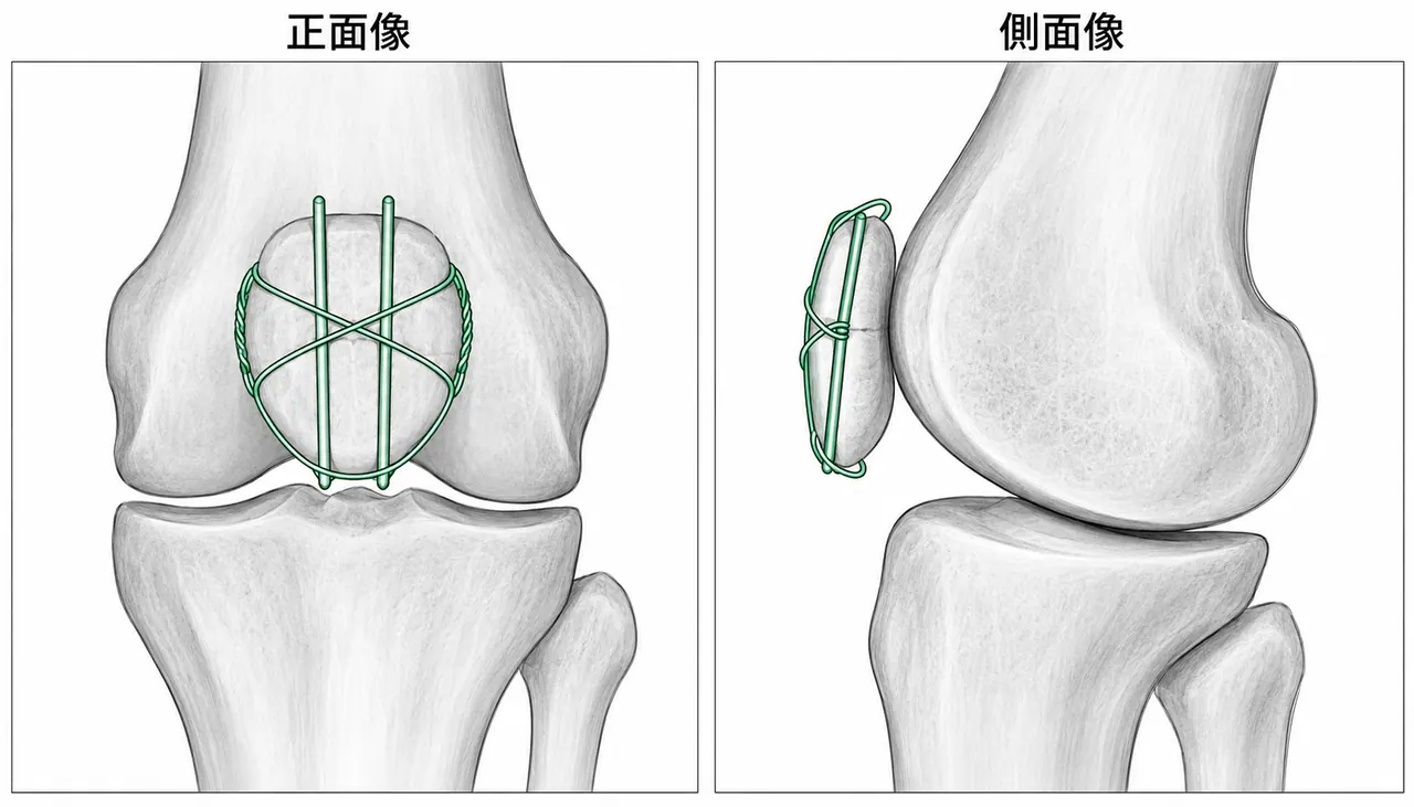 術後X線（正面/側面）— TBW固定後・K-wire平行・ワイヤー対称・骨折整復位