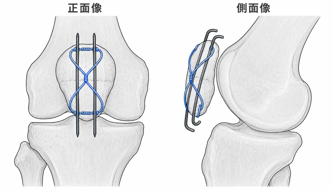 術後X線像（AP / Lateral）— Kワイヤー＋テンションバンドワイヤー固定後・関節面整復位の確認