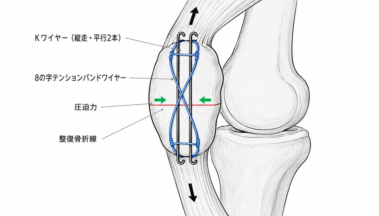 修正テンションバンドワイヤー法の手技図 — Kワイヤー＋8の字ワイヤー固定