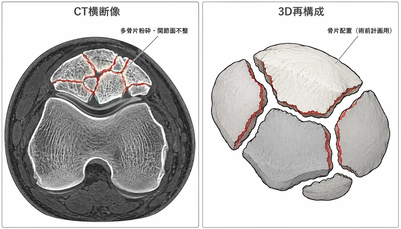 CT薄層＋3D再構成 — 骨片の数・位置・関節面陥没の術前評価（高度粉砕型では必須）