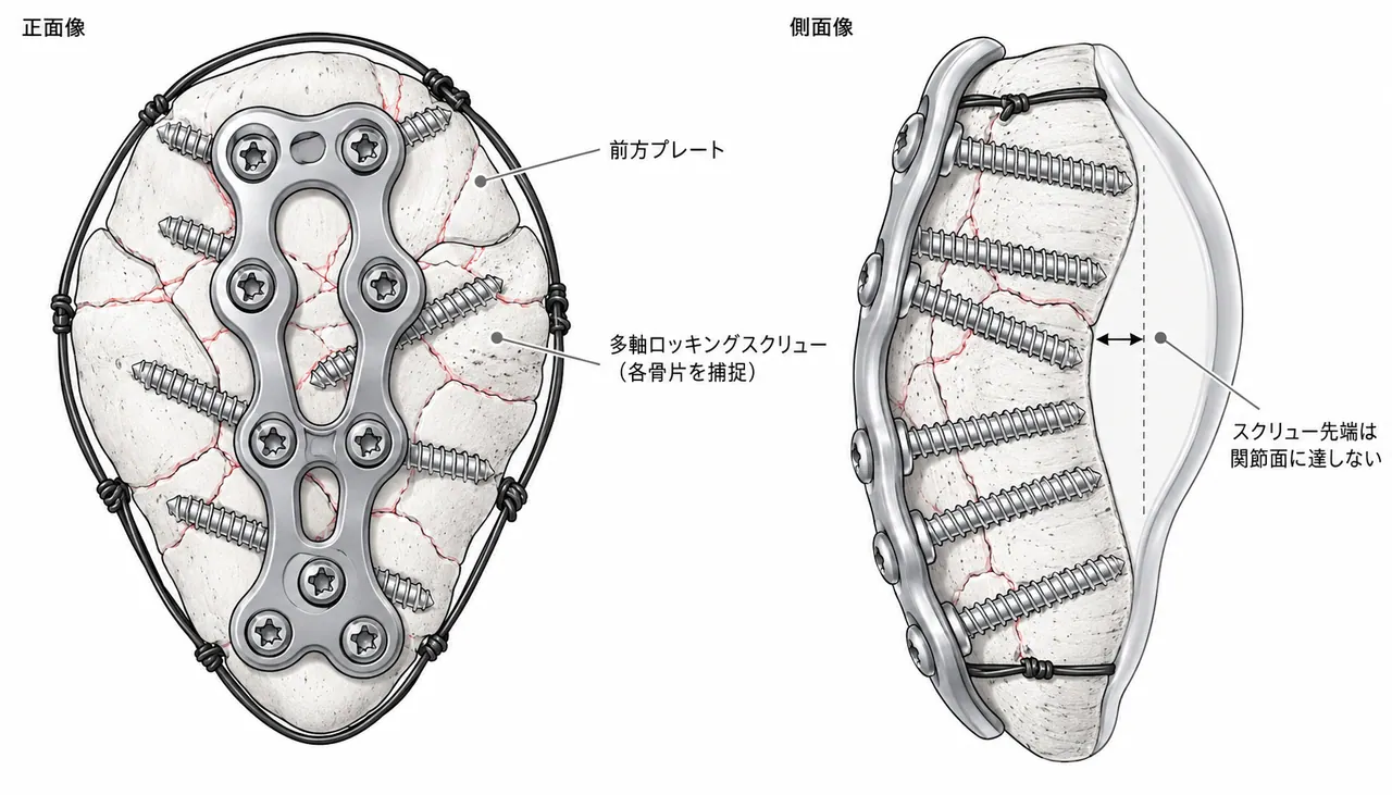 前方プレート固定（ORIF）手技 — 膝蓋骨前方pre-contoured locked plate・多軸ロッキングスクリュー配置・骨片整復