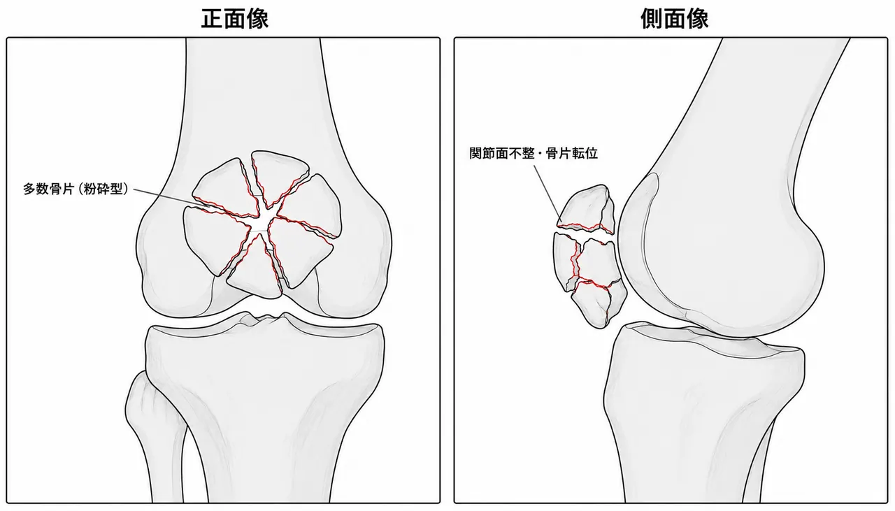 X線AP像・側面像 — 高度粉砕による多数骨片と転位を確認（3骨片以上）