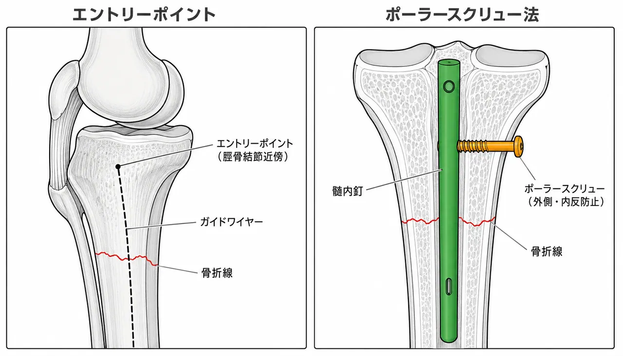 髄内釘エントリーポイントと手術アプローチ — 膝蓋腱内側傍アプローチ・脛骨近位エントリー