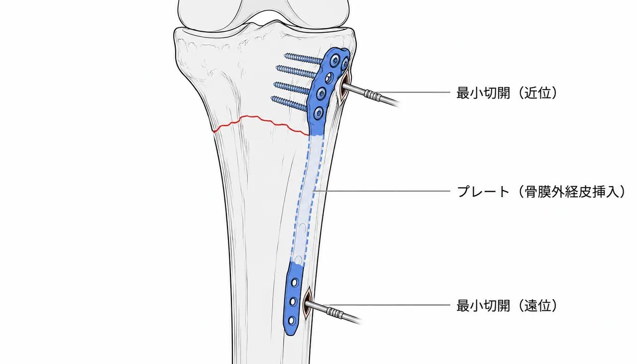 MIPO（最小侵襲プレート固定）アプローチ — 脛骨内側プレート経皮刺入