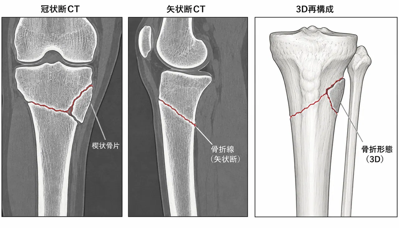 CT矢状断・冠状断（楔状骨片の3次元形態・骨折線の方向）