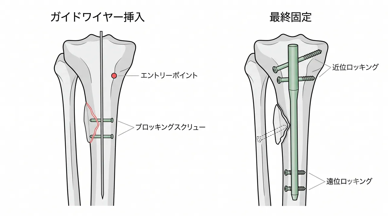 髄内釘手技 — 膝蓋腱正中アプローチ・エントリーポイント・ガイドワイヤー挿入・近位ロッキング