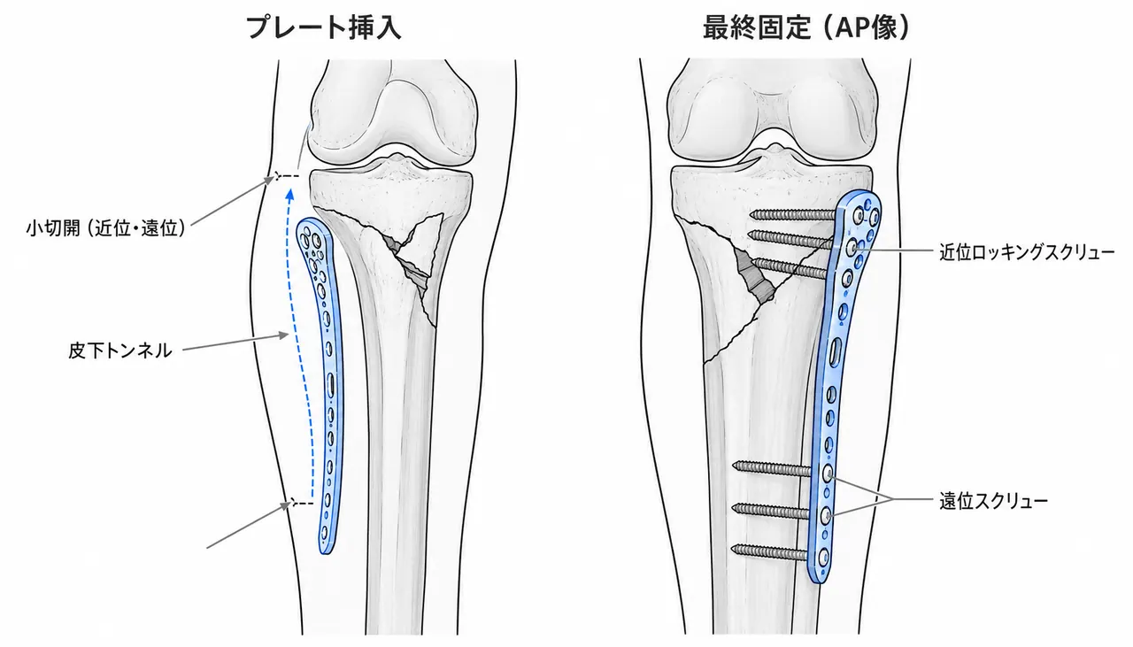 MIPO法 — 内側ロッキングプレート・最小侵襲アプローチ・透視ガイド挿入