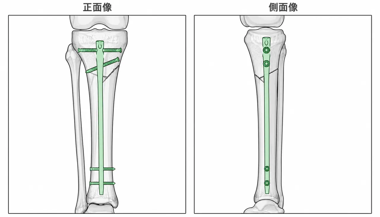 術後X線像（AP/側面）— 脛骨近位部髄内釘固定後。楔状骨片整復・アライメント良好