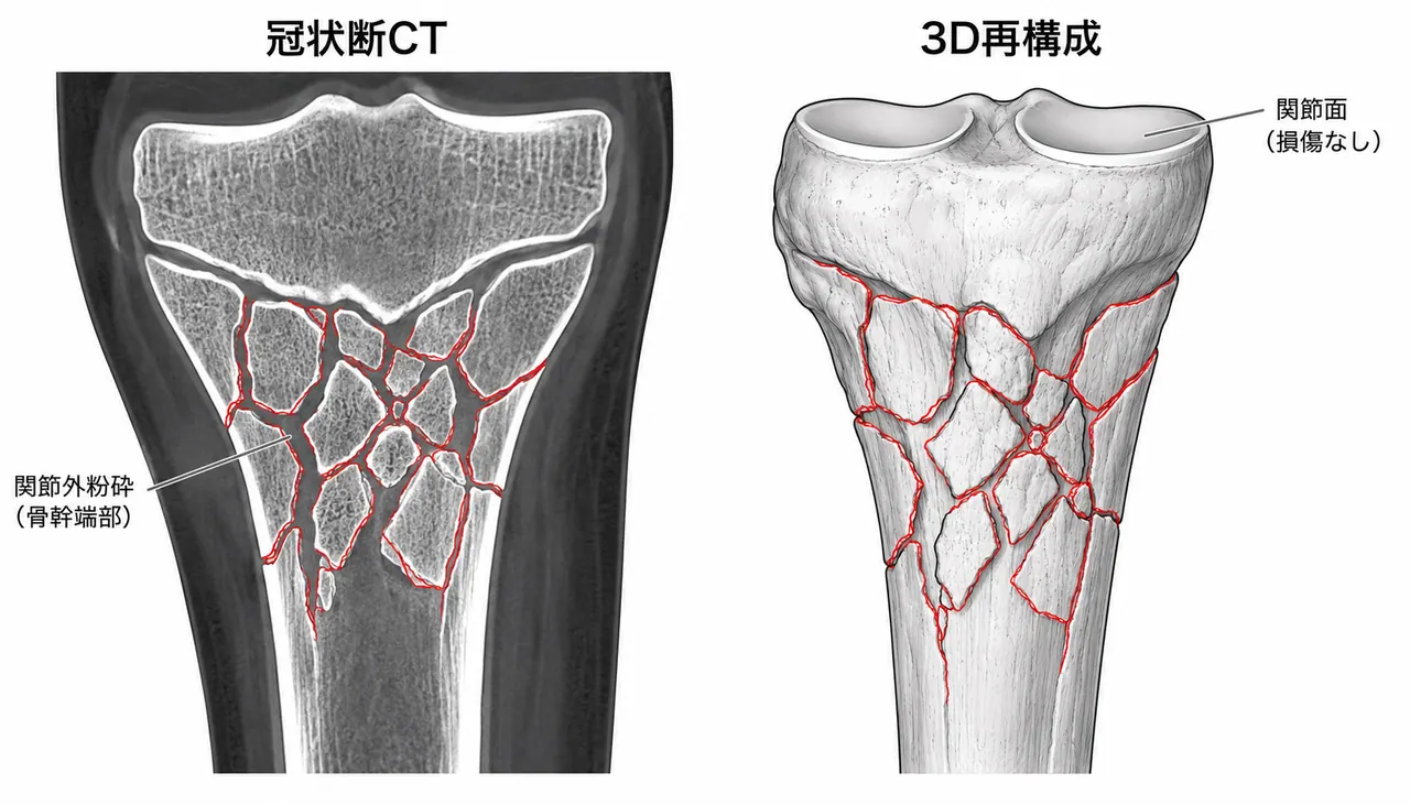 CT冠状断＋3D再構成 — 粉砕の範囲・骨幹端-骨幹移行部の評価・関節外の確認
