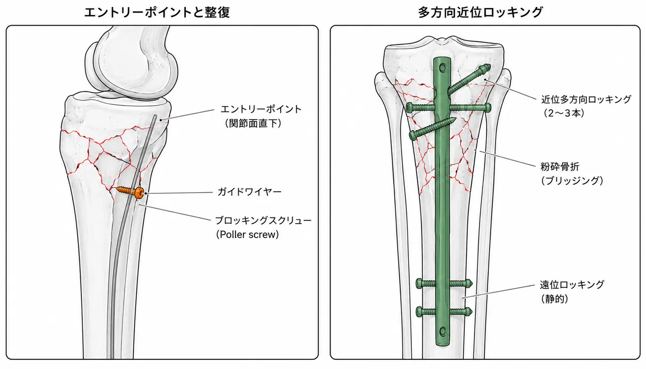近位脛骨髄内釘の手技 — エントリーポイント・近位部複数ロッキング・整復手技