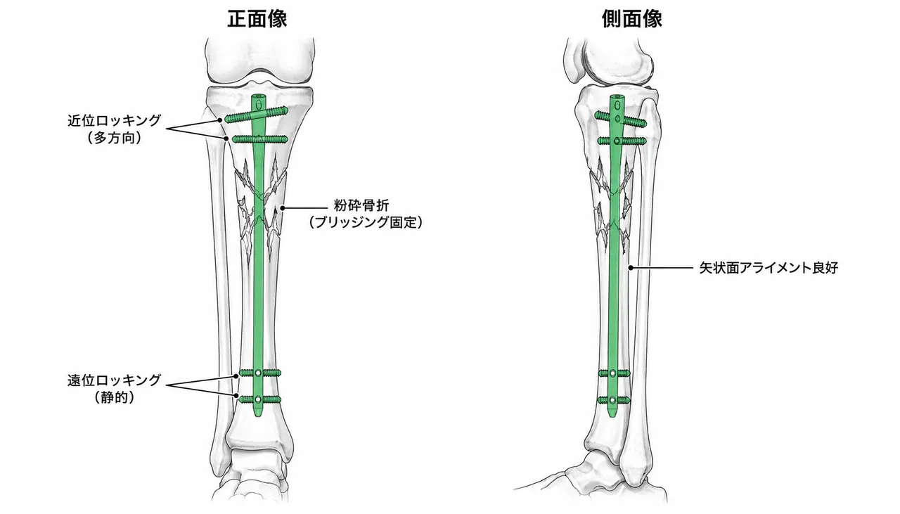 術後X線像（正面/側面）— 近位脛骨髄内釘固定後・アライメントと粉砕領域のブリッジング