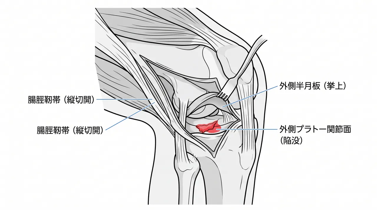外側アプローチ解剖図 — 腸脛靱帯切開・外側関節包・半月板下関節切開（submeniscal arthrotomy）
