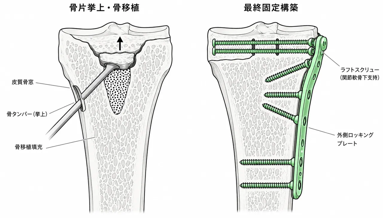 ORIF手技概念図 — 骨窓作製・骨片挙上・骨移植填充・ラフトスクリュー＋外側プレート固定
