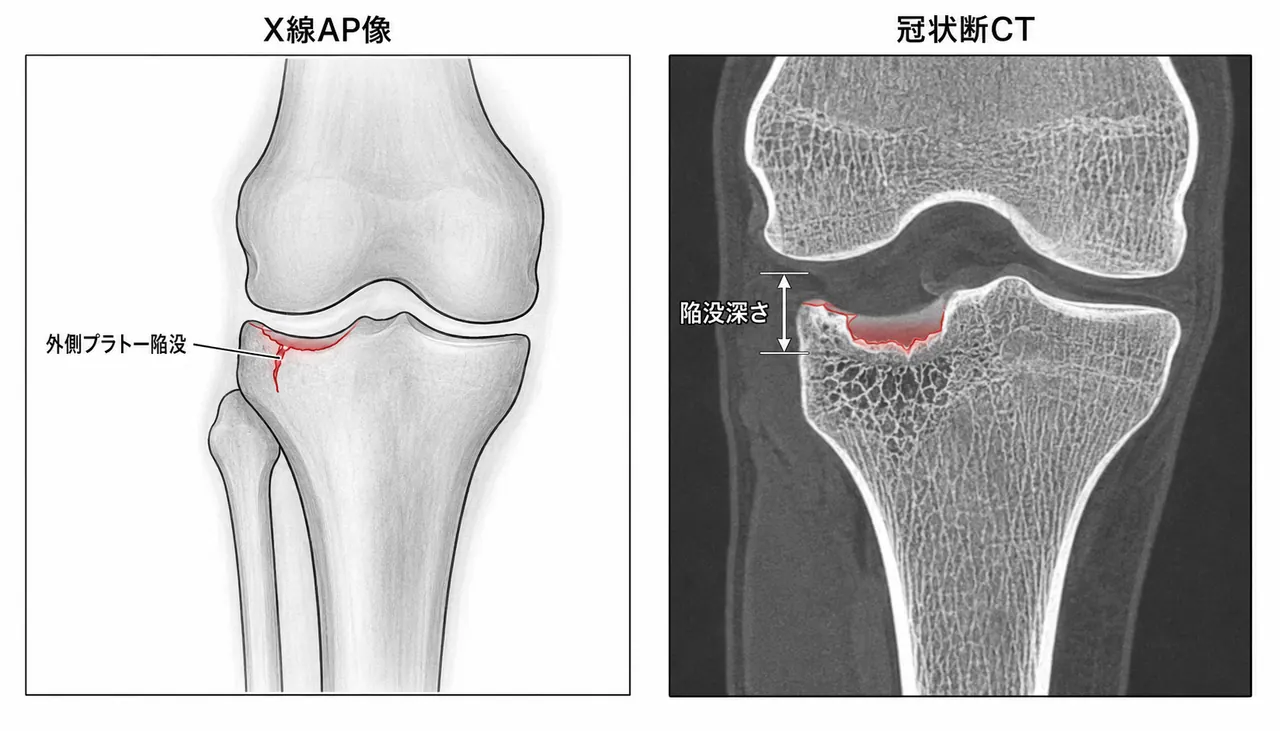 X線AP・斜位像（外側プラトー陥没・外側壁の変化）＋CT冠状断（陥没深さと骨欠損域の評価）