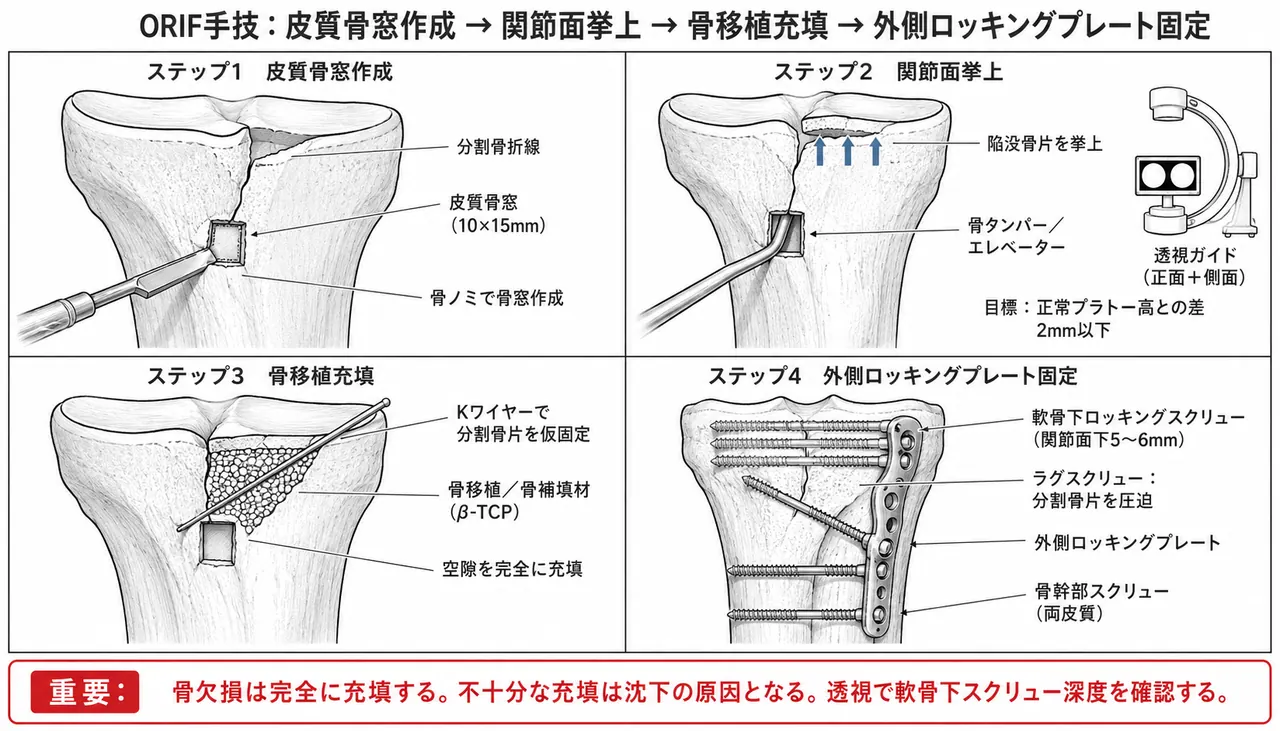 ORIF手技 — 骨窓作成・陥没挙上・骨充填・外側ロッキングプレート固定