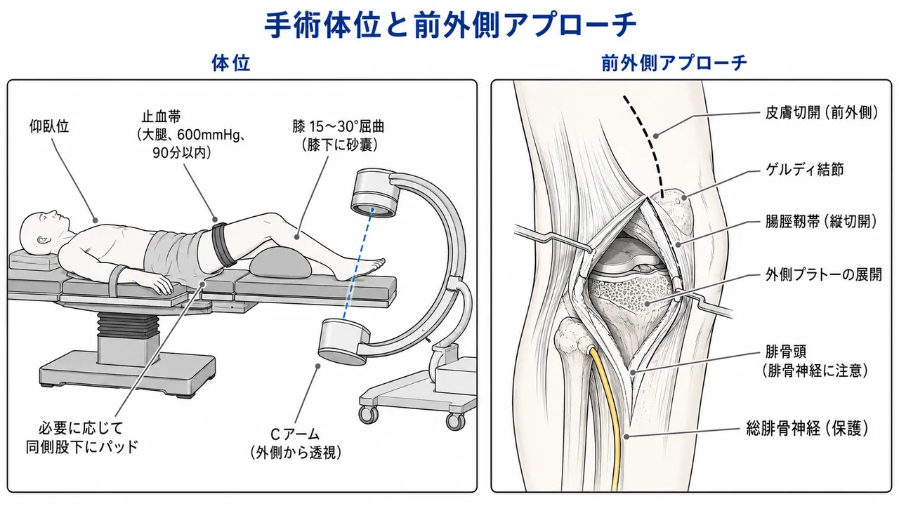 手術体位と外側前外側アプローチ — 仰臥位・外側切開・外側プラトー露出